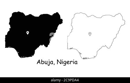 Abuja, Nigeria. Detailed Country Map with Location Pin on Capital City. Black silhouette and outline maps isolated on white background. EPS Vector Stock Vector