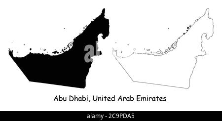 Abu Dhabi, United Arab Emirates. Detailed Country Map with Location Pin on Capital City. Black silhouette and outline maps isolated on white backgroun Stock Vector
