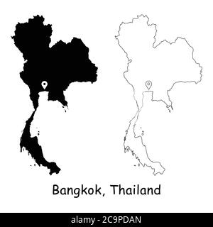 Bangkok, Thailand. Detailed Country Map with Location Pin on Capital City. Black silhouette and outline maps isolated on white background. EPS Vector Stock Vector
