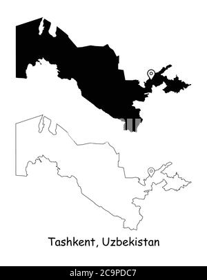 Tashkent, Uzbekistan. Detailed Country Map with Location Pin on Capital City. Black silhouette and outline maps isolated on white background. EPS Vect Stock Vector