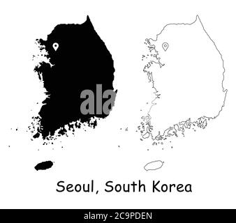 Seoul, South Korea. Detailed Country Map with Location Pin on Capital City. Black silhouette and outline maps isolated on white background. EPS Vector Stock Vector