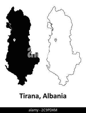 Tirana Albania. Detailed Country Map with Capital City Location Pin. Black silhouette and outline maps isolated on white background. EPS Vector Stock Vector