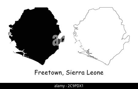 Freetown, Sierra Leone. Detailed Country Map with Location Pin on Capital City. Black silhouette and outline maps isolated on white background. EPS Ve Stock Vector