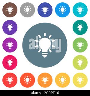 Lighting bulb flat white icons on round color backgrounds. 17 background color variations are included. Stock Vector