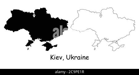 Kiev, Kyiv, Ukraine. Detailed Country Map with Location Pin on Capital City. Black silhouette and outline maps isolated on white background. EPS Vecto Stock Vector