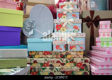 many gift boxes in the gift shop counter Stock Photo