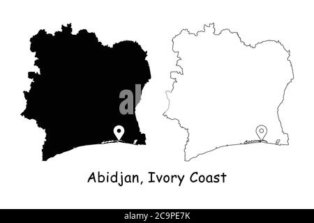 Abidjan, Ivory Coast. Detailed Country Map with Location Pin on Capital City. Black silhouette and outline maps isolated on white background. EPS Vect Stock Vector