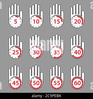 raised, open hand with a watch on it. Time for rest or break, pause. Vector set. Flat design. Stock Vector