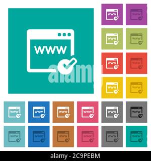 Domain registration multi colored flat icons on plain square backgrounds. Included white and darker icon variations for hover or active effects. Stock Vector