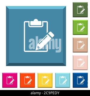 Blank notepad with pencil white icons on edged square buttons in various trendy colors Stock Vector