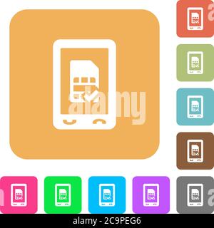 Mobile simcard accepted flat icons on rounded square vivid color backgrounds. Stock Vector