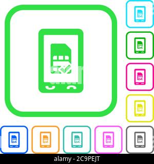 Mobile simcard accepted vivid colored flat icons in curved borders on white background Stock Vector