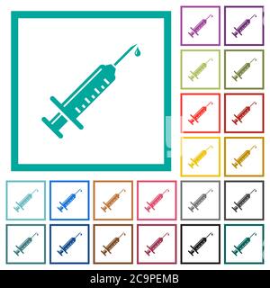Syringe with drop flat color icons with quadrant frames on white background Stock Vector