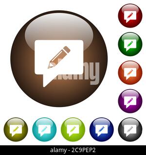 writing comment white icons on round color glass buttons Stock Vector