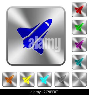 Space shuttle engraved icons on rounded square glossy steel buttons Stock Vector