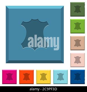 Genuine leather symbol engraved icons on edged square buttons in various trendy colors Stock Vector