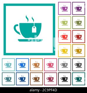 Cup of tea with teabag flat color icons with quadrant frames on white background Stock Vector