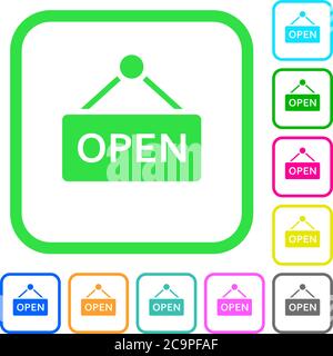 Open sign vivid colored flat icons in curved borders on white background Stock Vector