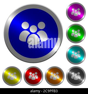 Team icons on round luminous coin-like color steel buttons Stock Vector