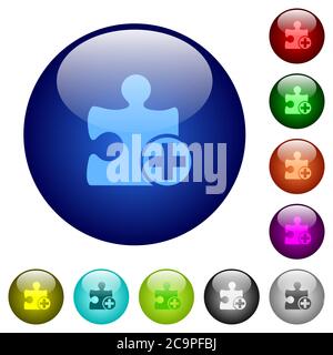 Add new plugin icons on round color glass buttons Stock Vector