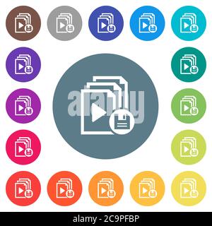 Save playlist flat white icons on round color backgrounds. 17 background color variations are included. Stock Vector