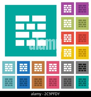 Brick wall multi colored flat icons on plain square backgrounds. Included white and darker icon variations for hover or active effects. Stock Vector