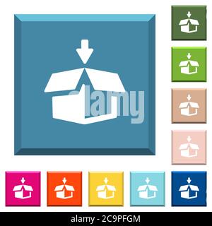 Pack to box white icons on edged square buttons in various trendy colors Stock Vector