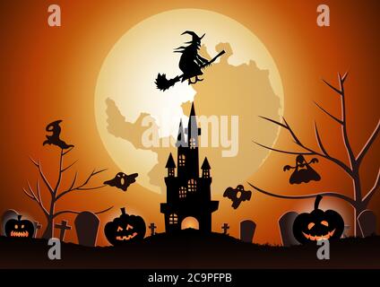 Halloween background with the witch fly with magic broom on Halloween night,vector illustration Stock Vector