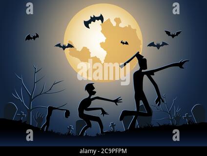 Halloween background with zombie walk in graveyard on midnight,vector illustration Stock Vector