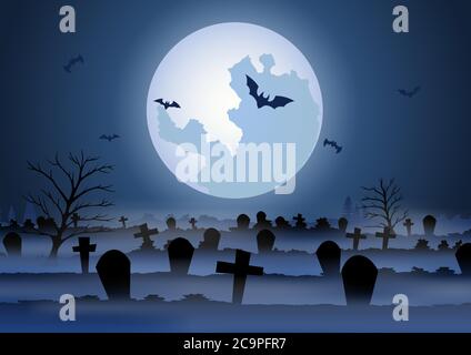 Halloween background with graveyard scene on Halloween night,vector illustration Stock Vector