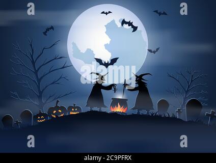 Halloween background with graveyard scene and the witches on Halloween night,vector illustration Stock Vector