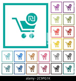 Checkout with new Shekel cart flat color icons with quadrant frames on white background Stock Vector