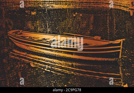 Old worn wooden boats on the river bank. Distressed vector Illustration. Black and golden background. Stock Vector