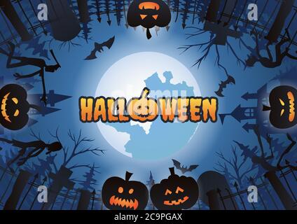Halloween background with surround of graveyard scene and pumpkins on Halloween night,vector illustration Stock Vector
