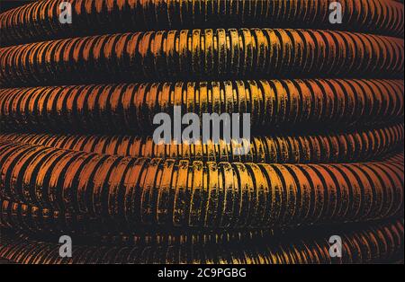 Distress old rusted peeled, scrathed vector texture with corrugated metal hose, spring. EPS8 illustration. Black and golden grunge background Stock Vector