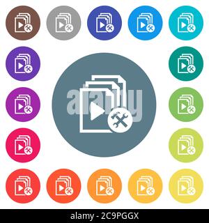 Playlist tools flat white icons on round color backgrounds. 17 background color variations are included. Stock Vector