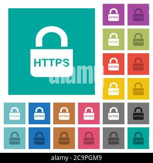 Secure https protocol multi colored flat icons on plain square backgrounds. Included white and darker icon variations for hover or active effects. Stock Vector
