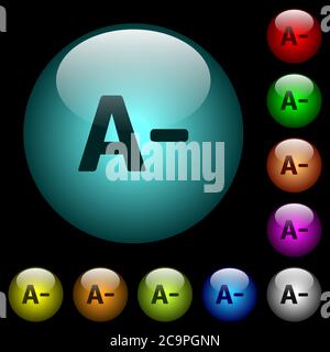 Decrease font size icons in color illuminated spherical glass buttons on black background. Can be used to black or dark templates Stock Vector