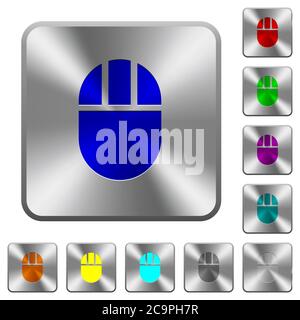 Three buttoned computer mouse engraved icons on rounded square glossy steel buttons Stock Vector