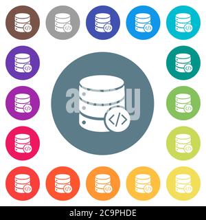 Database programming flat white icons on round color backgrounds. 17 background color variations are included. Stock Vector