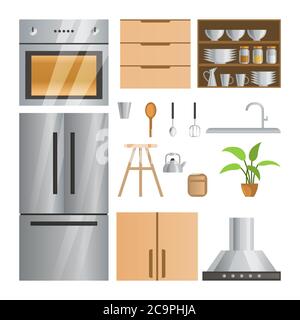 collection of room decoration of kitchen with gradient design,vector illustration Stock Vector