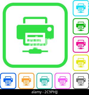 Network printer vivid colored flat icons in curved borders on white background Stock Vector