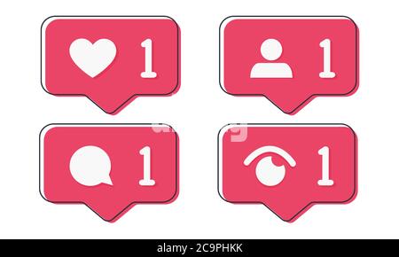 Red Heart like, new message bubble, friend request quantity number notifications icons templates. Social network app icons. Stock Vector