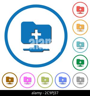 FTP create folder flat color vector icons with shadows in round outlines on white background Stock Vector