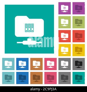 FTP archive multi colored flat icons on plain square backgrounds. Included white and darker icon variations for hover or active effects. Stock Vector