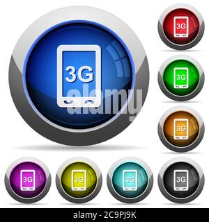 Third generation mobile connection speed icons in round glossy buttons with steel frames Stock Vector