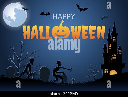 Halloween background with graveyard scene and mummy on Halloween night,vector illustration Stock Vector