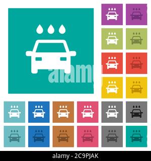 Car wash multi colored flat icons on plain square backgrounds. Included white and darker icon variations for hover or active effects. Stock Vector