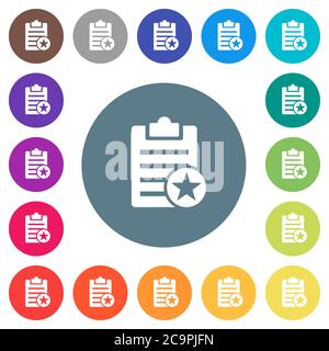 Marked note flat white icons on round color backgrounds. 17 background color variations are included. Stock Vector