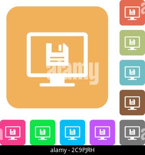 Save display settings flat icons on rounded square vivid color backgrounds. Stock Vector